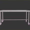 Modern Stainless Steel Dining Table With Long Sleek Surface And Wheels On Reflective Floor