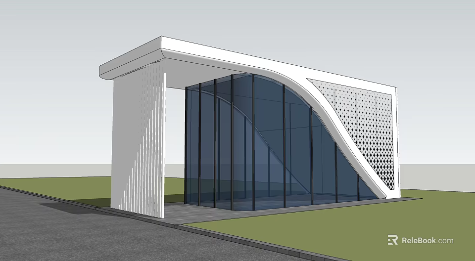 Modern Building Structure With Glass Curtain Wall White Curved Design And Hollow Pattern 3d model 