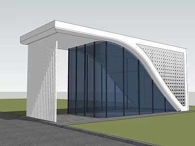 Modern Building Structure With Glass Curtain Wall White Curved Design And Hollow Pattern 3d model