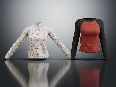 Two Stylish Long Sleeve Tops Featuring Floral Print And Red Black Color Block Design 3d model
