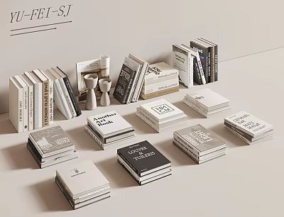 Minimalist Books and Magazines Stacked With Neutral Tones And Decorative Mug 3d model