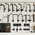 Various Styles of Black Kitchen Faucets Displayed on White Shelf with Sink Parts