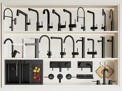 Various Styles of Black Kitchen Faucets Displayed on White Shelf with Sink Parts 3d model