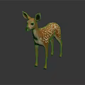 Cute Fawn With White Spots And Brown Body Standing On Dark Background With Reflection