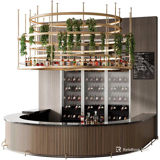 Modern Bar Interior Design With Hanging Greenery Glass Wine Racks And Counter 3d model 