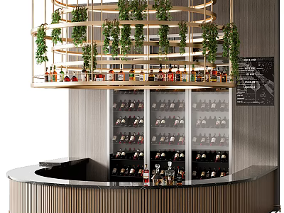 Modern Bar Interior Design With Hanging Greenery Glass Wine Racks And Counter 3d model