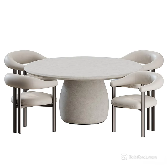 Round Light Gray Concrete Dining Table Set With Four Beige Upholstered Chairs And Metal Legs 3d model 