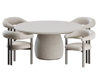 Round Light Gray Concrete Dining Table Set With Four Beige Upholstered Chairs And Metal Legs 3d model