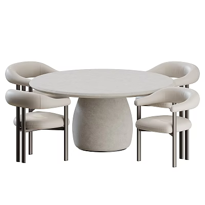 Round Light Gray Concrete Dining Table Set With Four Beige Upholstered Chairs And Metal Legs 3d model