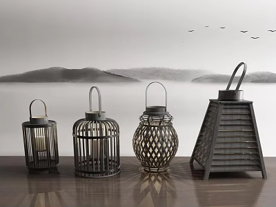 Various Design Candle Lanterns on Wooden Table with Ink Painting Mountain and Bird Background 3d model