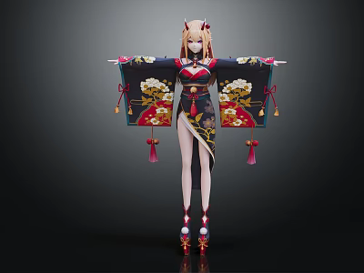 3D Anime Female Character In Ornate Traditional Kimono With Bird Patterns And Outstretched Arms 3d model