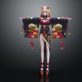 3D Anime Female Character In Ornate Traditional Kimono With Bird Patterns And Outstretched Arms