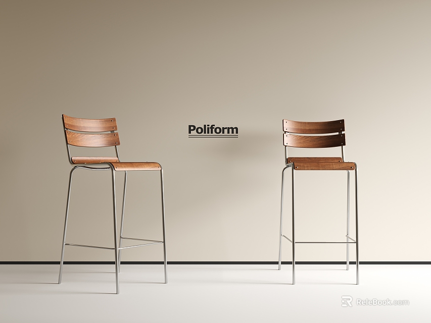 Poliform Bar Stools With Wooden Seat Backrest And Metal Frame In Modern Interior 3d model 