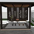 Modern Landscape Pavilion With Wooden Beams Black Backboard Plant Patterns Table Chairs And Railing