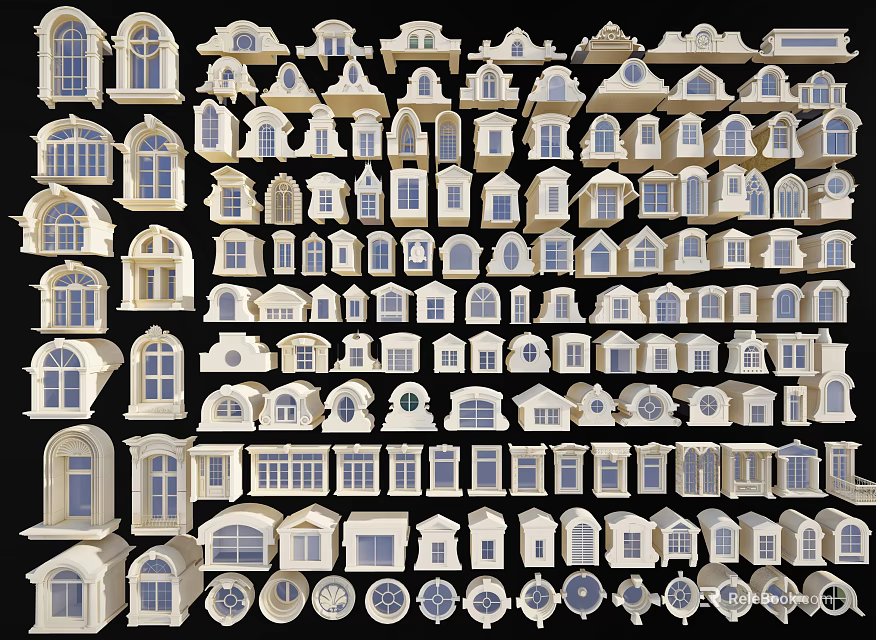 Various Shaped Architectural Window And Door Design Styles With Decorative Elements 3d model