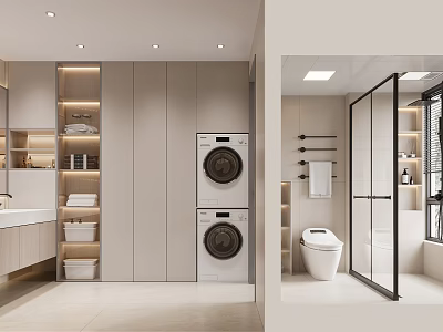 Modern Bathroom Interior With Washing Machines Storage Cabinets And Shower Enclosure 3d model