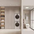 Modern Bathroom Interior With Washing Machines Storage Cabinets And Shower Enclosure