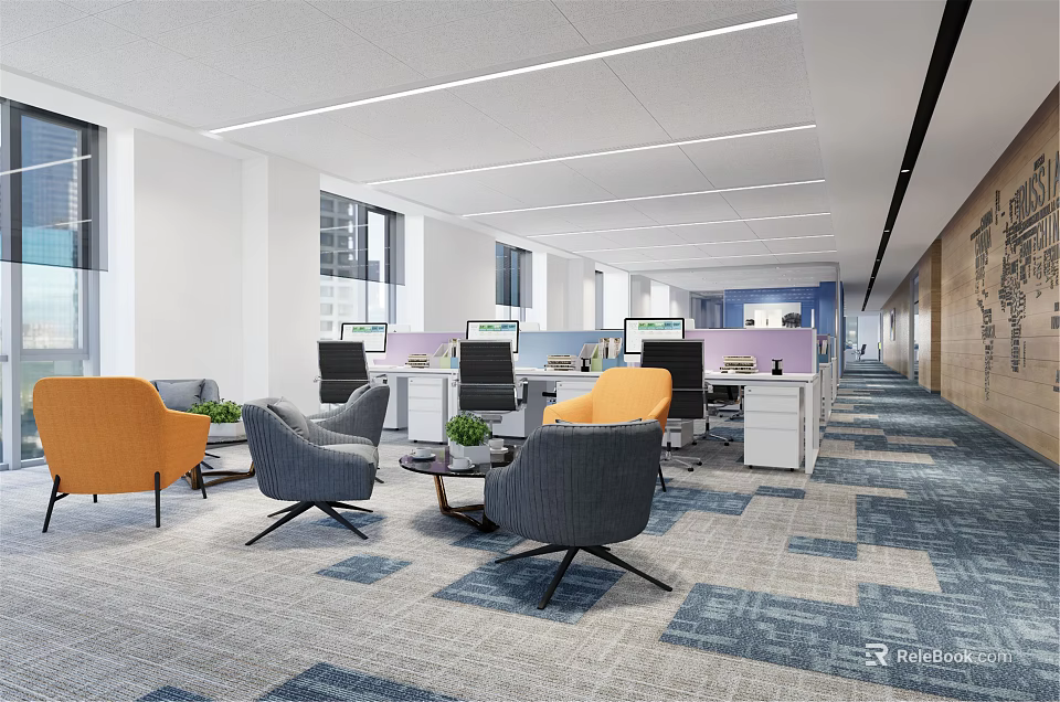 Open Public Office Space Featuring Desks Computers Orange Gray Chairs Patterned Carpet And Large Windows 3d model