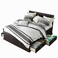 Double Bed with Dark Headboard Striped Bedding and Decorative Pillows Featuring Storage Drawers 3d model