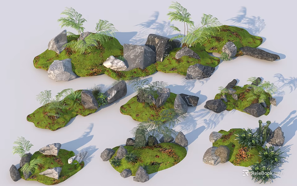 Natural Stones And Wood Decorative Landscape With Green Moss And Small Plants 3d model 
