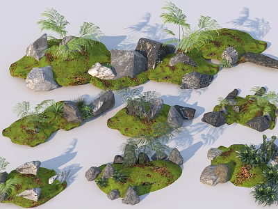 Natural Stones And Wood Decorative Landscape With Green Moss And Small Plants 3d model