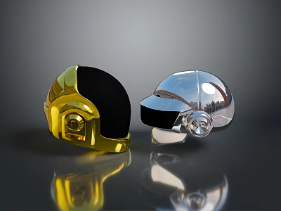Two Tactical Weapon Helmets Featuring Gold Black And Silver Reflective Metallic Design 3d model