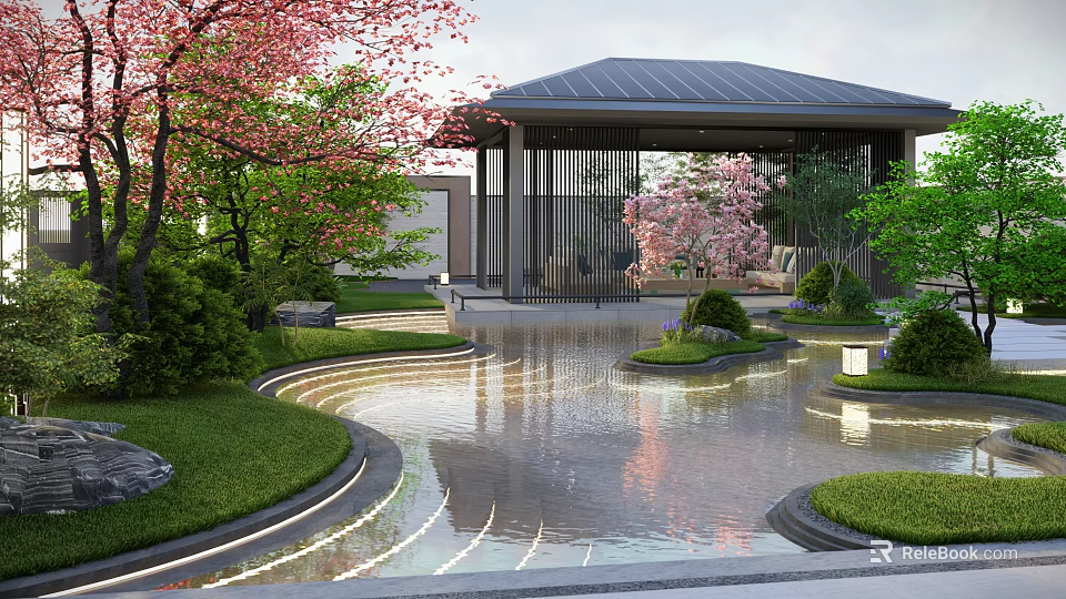 Modern Courtyard Garden With Cherry Blossom Trees Pond Pavilion And Lawn 3d model 