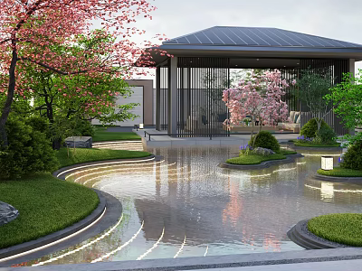 Modern Courtyard Garden With Cherry Blossom Trees Pond Pavilion And Lawn 3d model