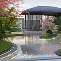 Modern Courtyard Garden With Cherry Blossom Trees Pond Pavilion And Lawn