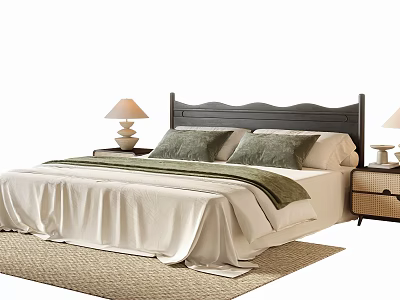 Double Bed With Grey Wooden Wavy Headboard White Sheets Green Blanket And Rattan Nightstands 3d model