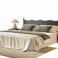 Double Bed With Grey Wooden Wavy Headboard White Sheets Green Blanket And Rattan Nightstands