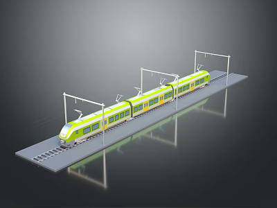 Green and Yellow Electric Train with Multiple Carriages on Railway Track and Overhead Catenary System 3d model