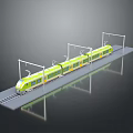 Green and Yellow Electric Train with Multiple Carriages on Railway Track and Overhead Catenary System