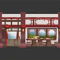 Traditional Chinese Restaurant Interior With Red Lanterns Round Tables And Baoji Chicken Sign