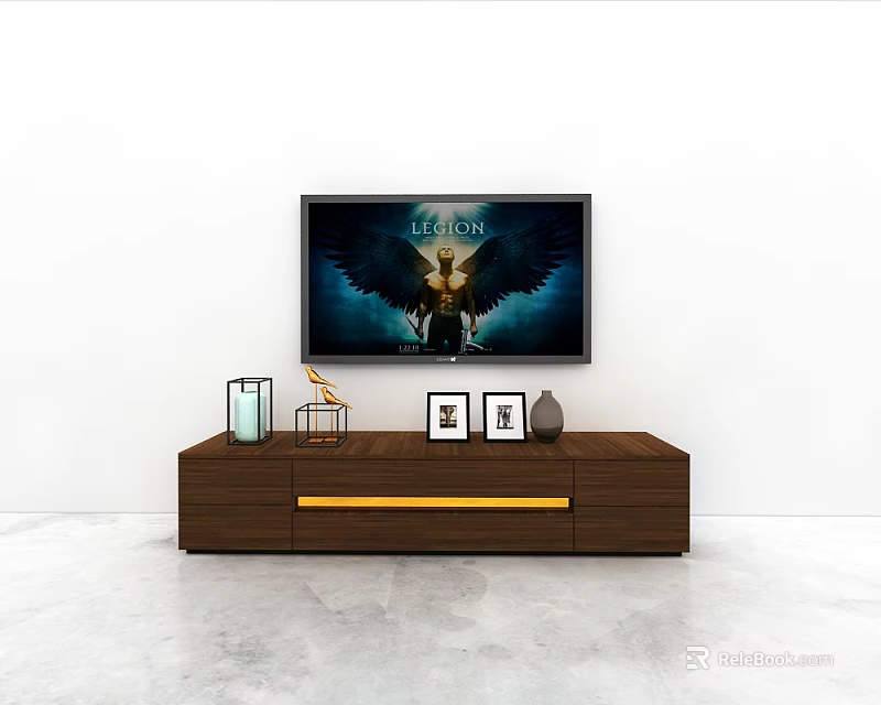 Sleek Wooden TV Stand with Golden Accent Photo Frames and Decorative Items Under TV Screen 3d model 