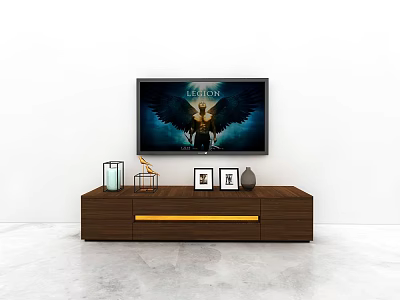 Sleek Wooden TV Stand with Golden Accent Photo Frames and Decorative Items Under TV Screen 3d model