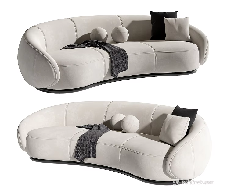 Modern Elegant Cream Colored Curved Design Sectional Sofa With Black Pillows Round Cushions Throw Blanket 3d model 