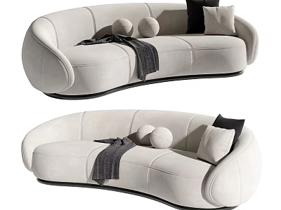 Modern Elegant Cream Colored Curved Design Sectional Sofa With Black Pillows Round Cushions Throw Blanket 3d model