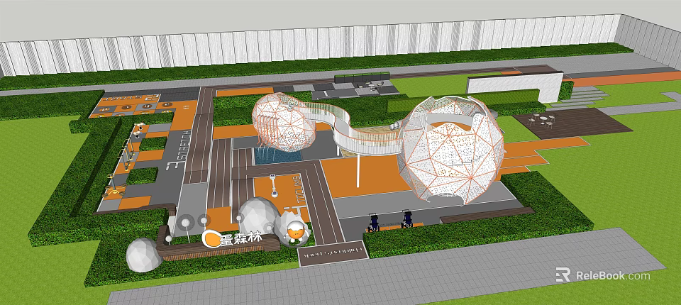 Modern Urban Public Square With Spherical Structures Orange Pathways And Greenery Walkways 3d model