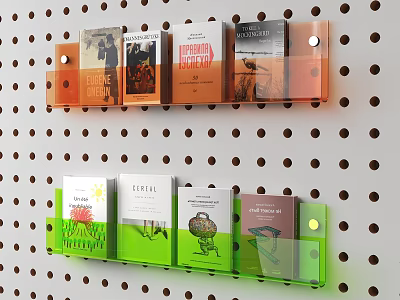 Transparent Bookshelf On Perforated Wall With Orange And Green Holders And Books 3d model