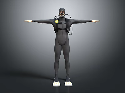 Game Movie Character In Black Diving Suit With Scuba Mask Oxygen Tank And Outstretched Arms 3d model