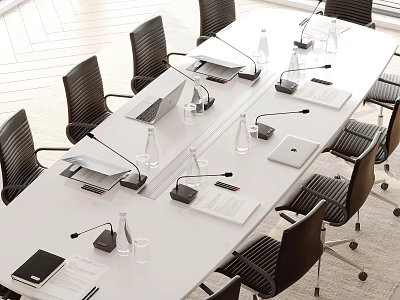 Modern Meeting Room Conference Table With Black Office Chairs Microphones Laptops Water Glasses And Documents 3d model