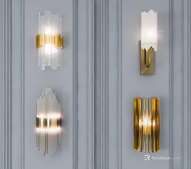 Modern Gold Metal And Glass Wall Sconces On Gray Striped Wall 3d model 