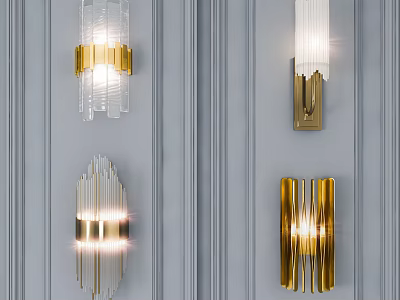 Modern Gold Metal And Glass Wall Sconces On Gray Striped Wall 3d model