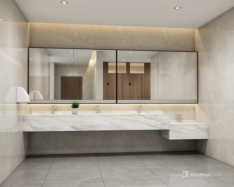 Modern Public Restroom Interior With Marble Counter Large Mirror And Tiles 3d model 