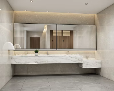Modern Public Restroom Interior With Marble Counter Large Mirror And Tiles 3d model