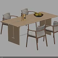 Modern Light Wood Rectangular Dining Table Set With Four Gray Upholstered Chairs And Fruit Bowl 3d model
