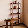 Minimalist Wooden Shelf with Decorative Clay Vase and Wooden Bowl in Light Beige Living Room