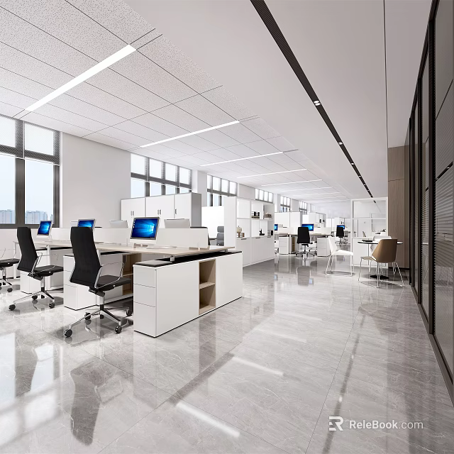 Bright Modern Public Office Space Design With Workstations Computers And Ergonomic Chairs 3d model 
