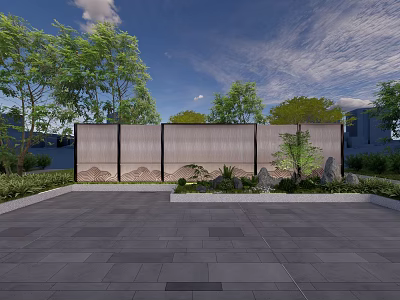Outdoor Feature Wall With Woven Texture Surrounded By Green Plants And Stone Pavement 3d model